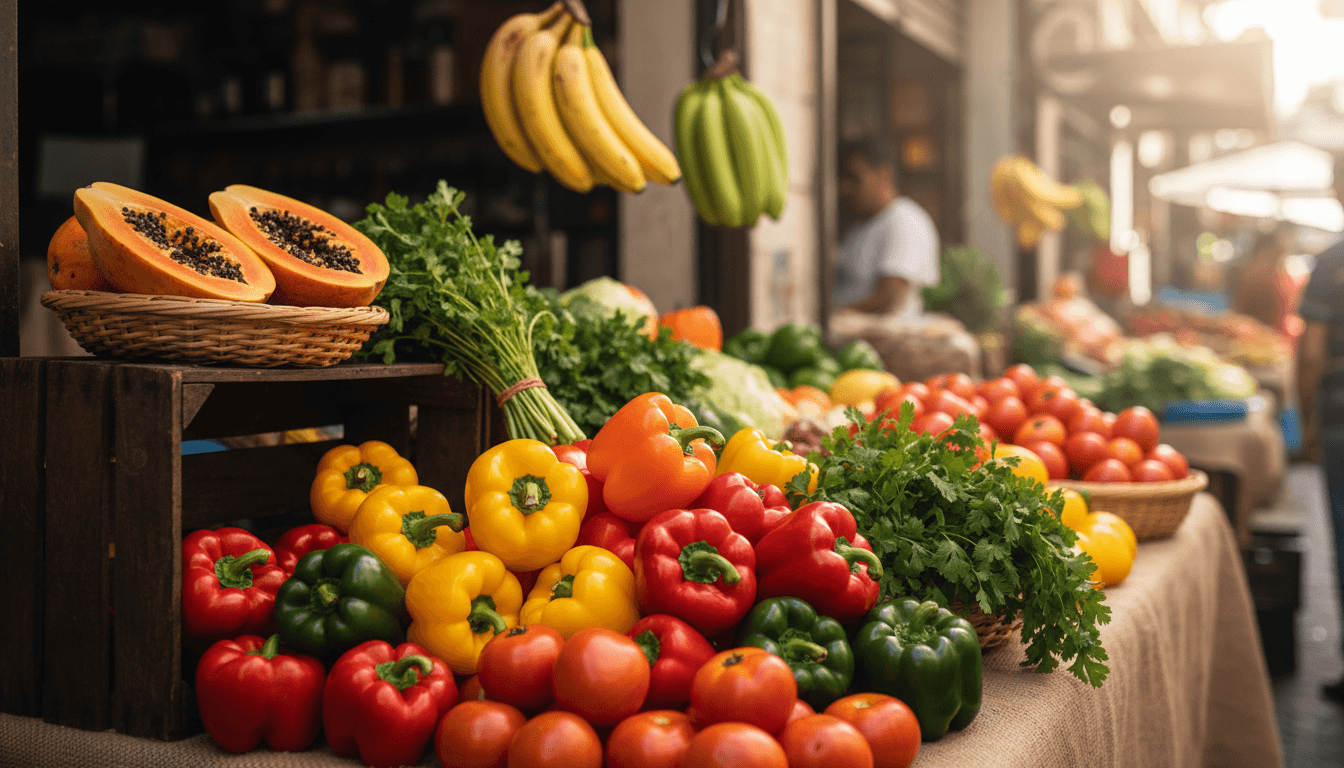 Fresh colorful Latin American produce display with peppers, tropical fruits, and herbs at Mi Pueblo Market